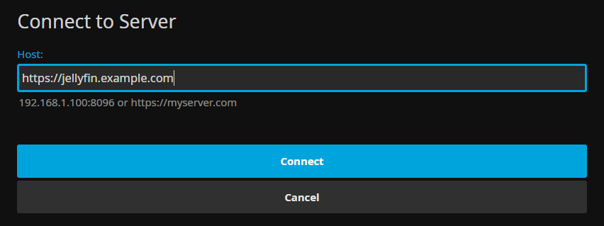 Screenshot of Jellyfin Media Player's Connect to Server menu
